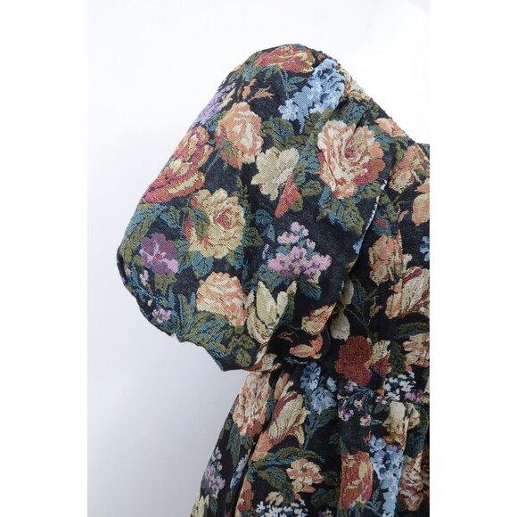BOHME LaRuth Floral Brocade Short Puff Sleeves Pockets Smocked Mini Dress Size L - Picture 6 of 16